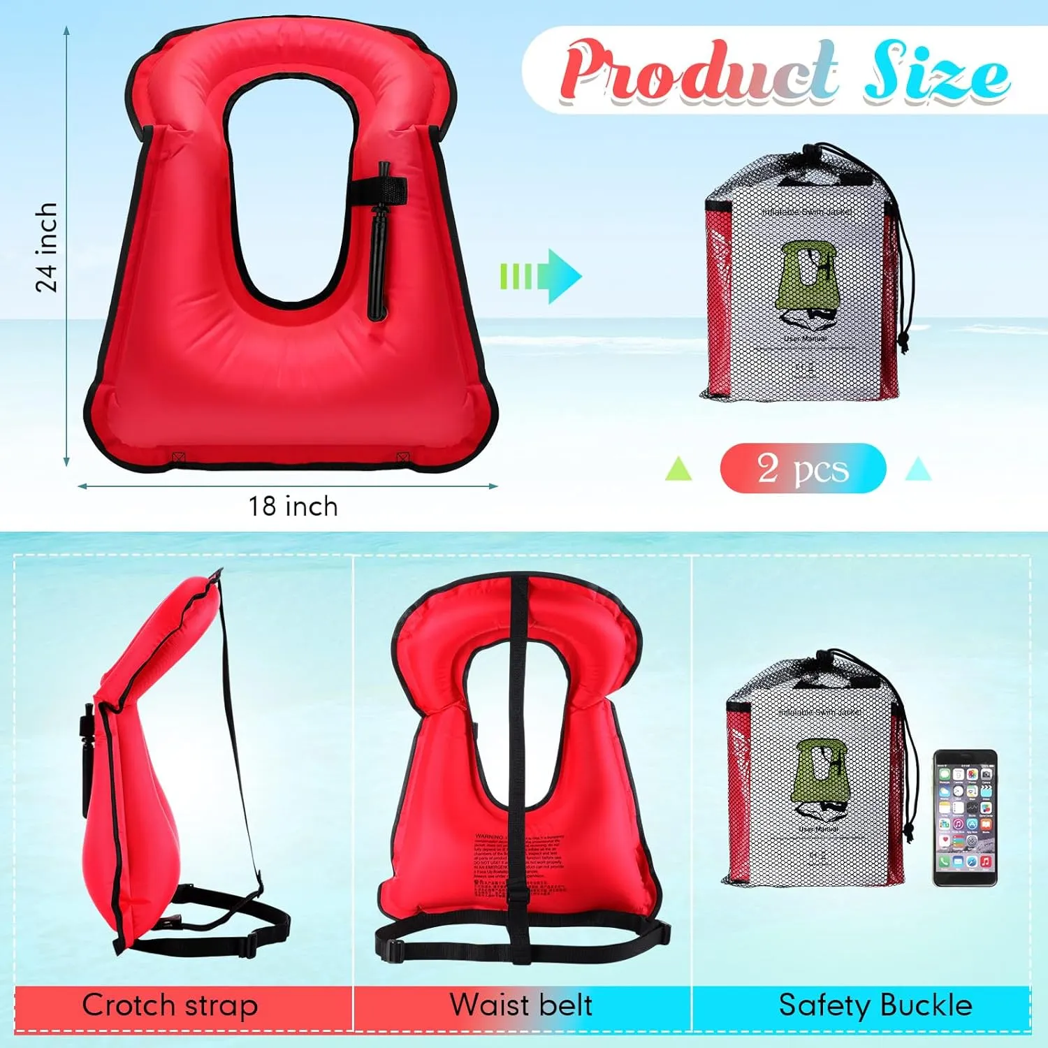 Deekin 2 Pcs Inflatable Snorkel Vest Adults Snorkeling Jackets Portable Jackets Swim Adjustable Safety Vest for Snorkeling Swimming Diving Surfing