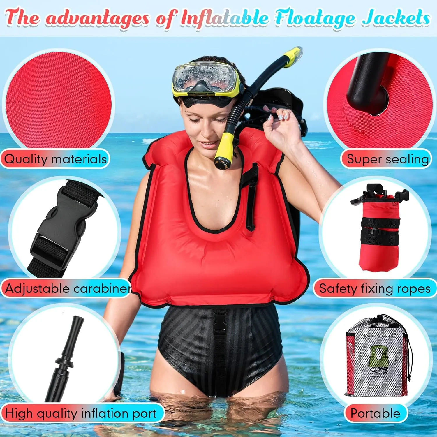 Deekin 2 Pcs Inflatable Snorkel Vest Adults Snorkeling Jackets Portable Jackets Swim Adjustable Safety Vest for Snorkeling Swimming Diving Surfing