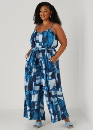 Denim Print Wide Leg Jumpsuit