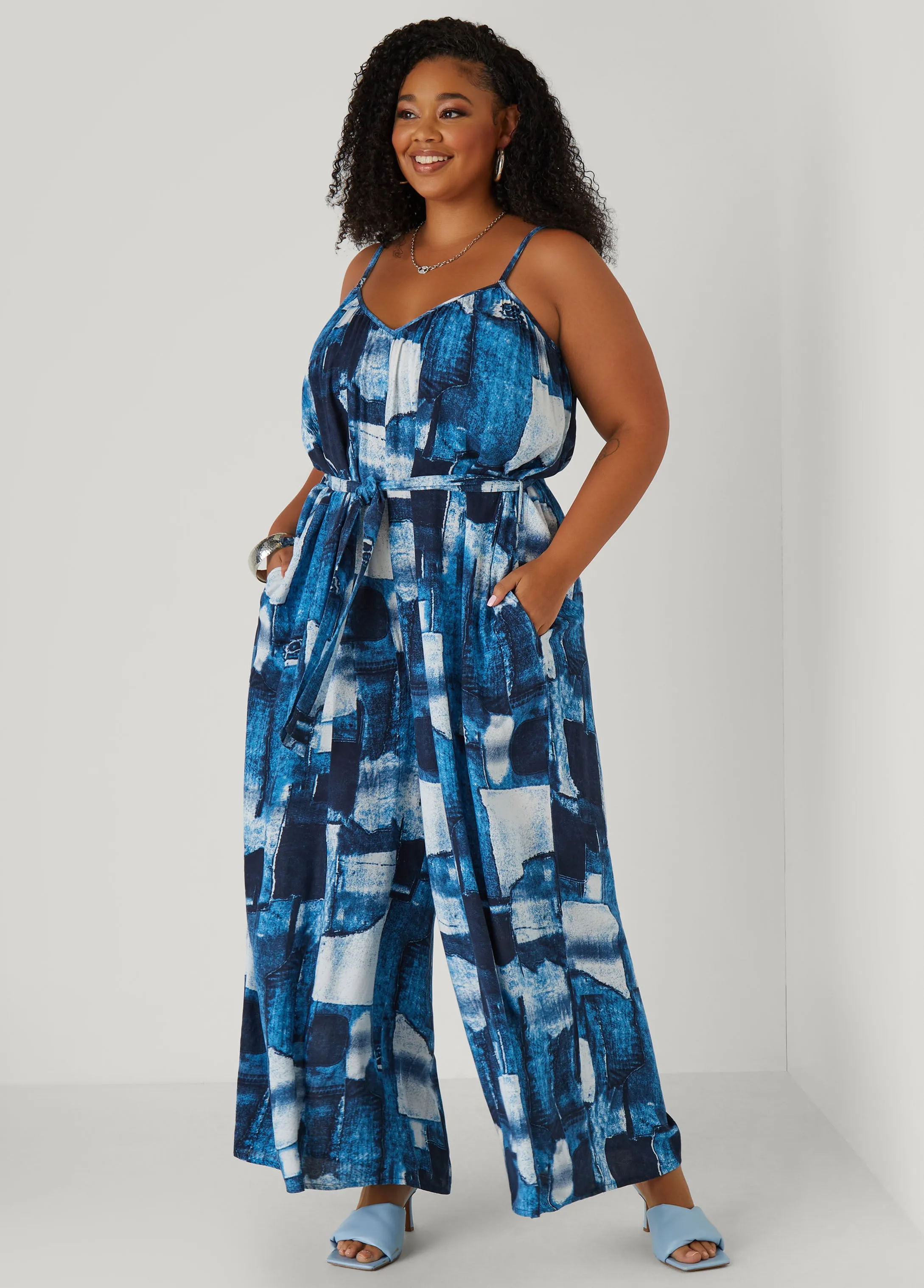 Denim Print Wide Leg Jumpsuit
