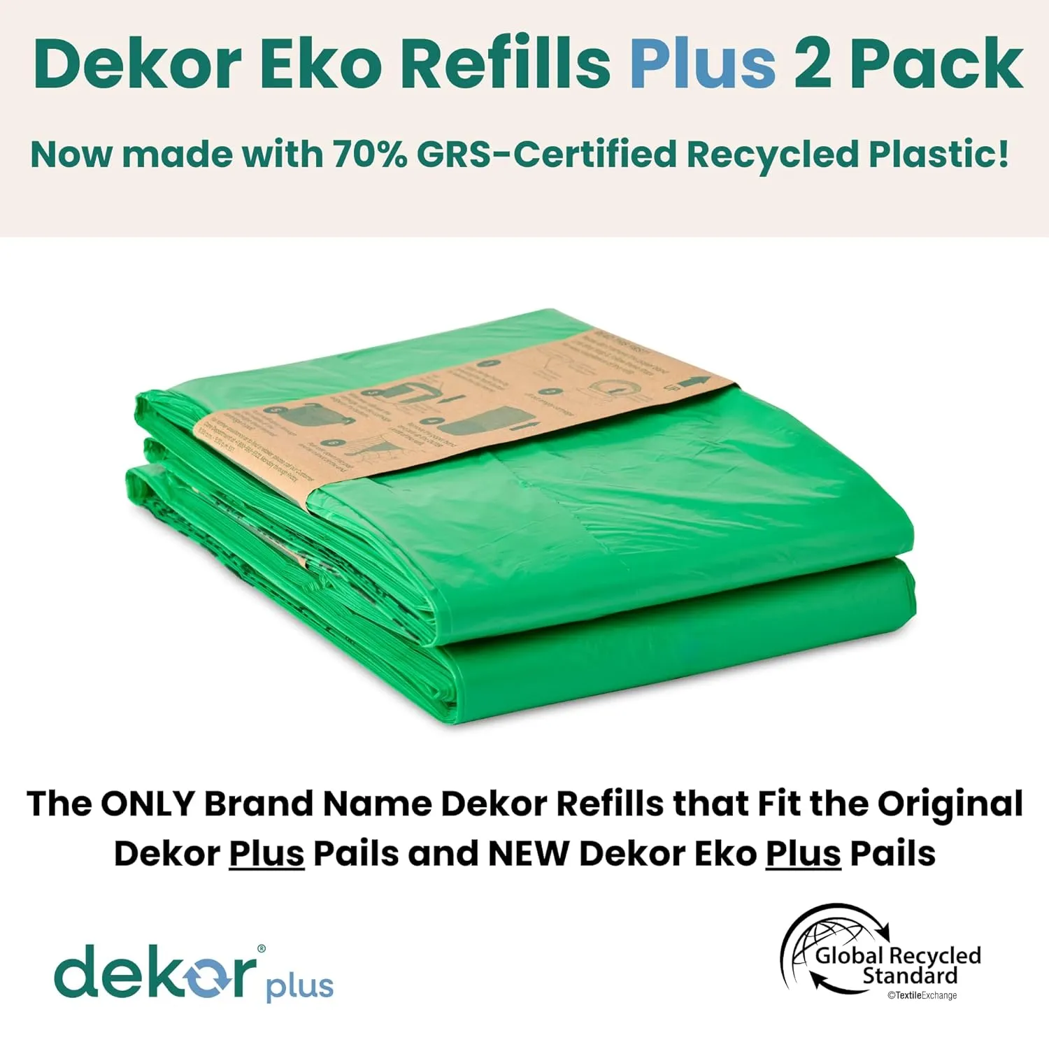 Diaper Dekor Pail Refills for Plus Original & Eko Diaper Pails, 2 Pack Unscented| Extra Thick Refills Made With 70% Recycled Materials