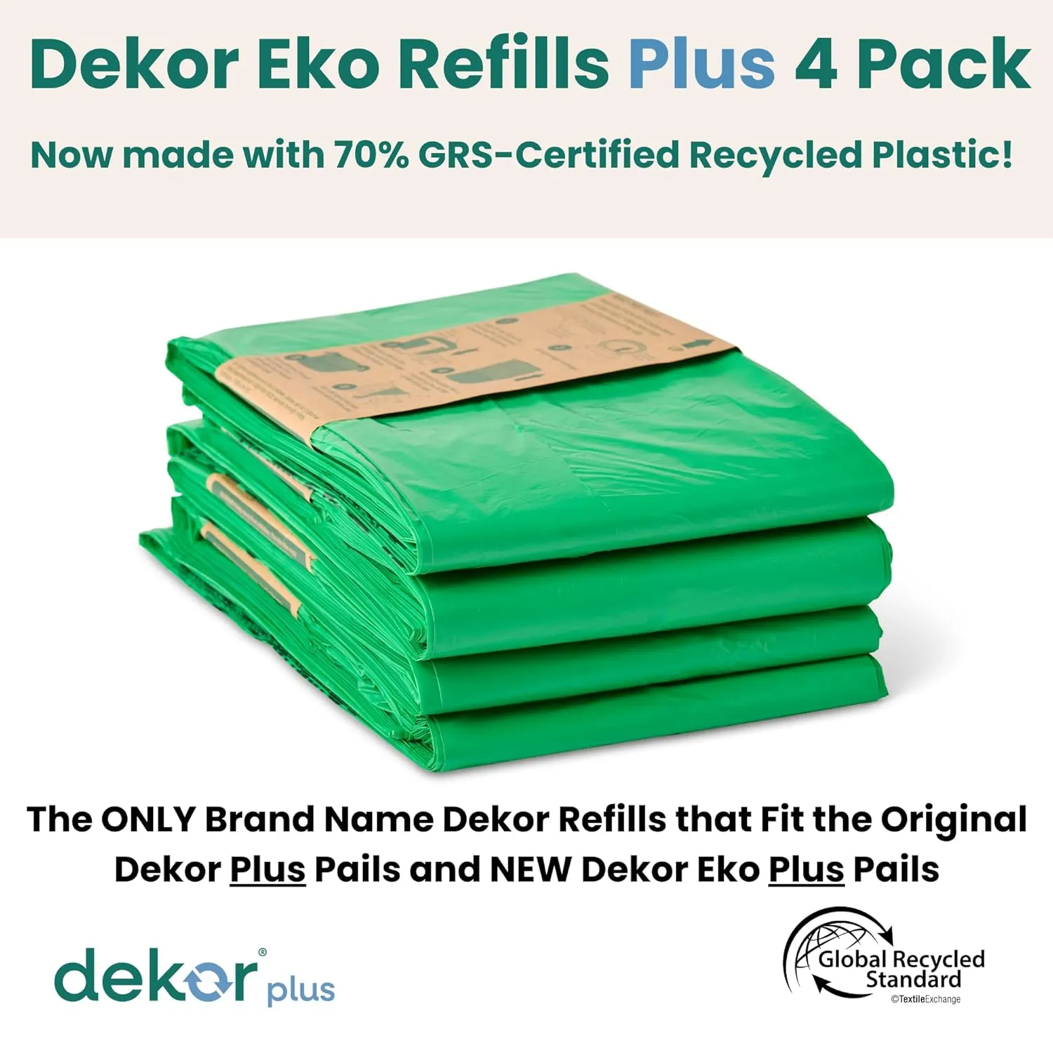 Diaper Dekor Pail Refills for Plus Original & Eko Diaper Pails, 4 Pack Unscented| Extra Thick Refills Made With 70% Recycled Materials