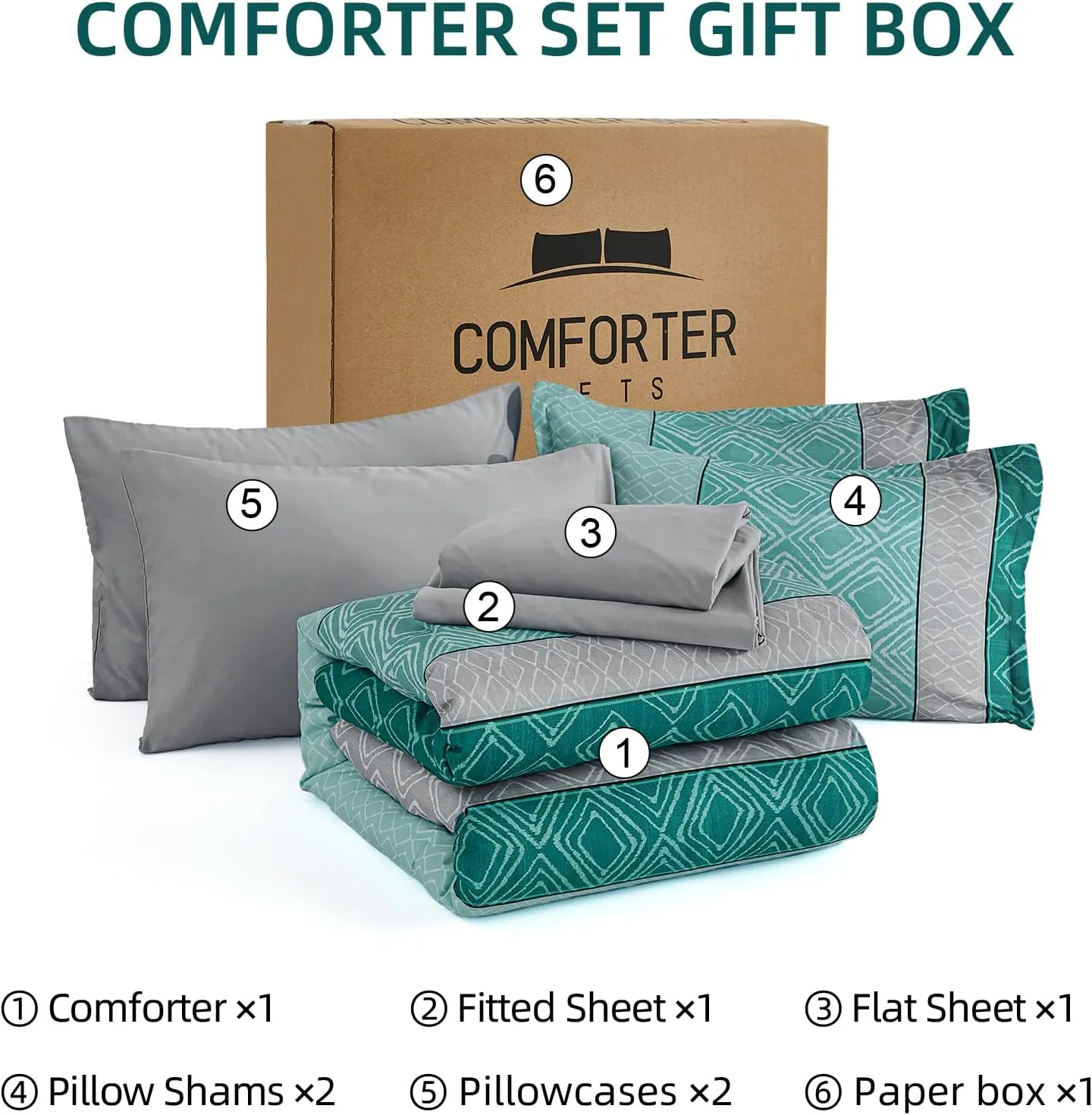 Dinjoy Teal Queen Comforter Set Boho, Striped 7 Piece Bed in a Bag Queen Size Lightweight Green Bedding Sets Plaid Comforters Bed Set with Sheets for Family Summer