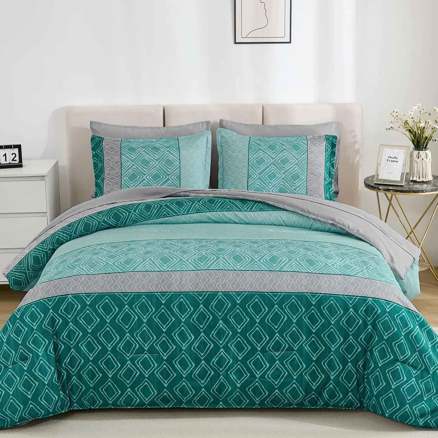 Dinjoy Teal Queen Comforter Set Boho, Striped 7 Piece Bed in a Bag Queen Size Lightweight Green Bedding Sets Plaid Comforters Bed Set with Sheets for Family Summer