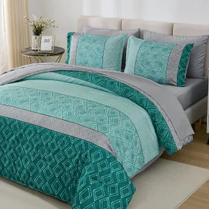 Dinjoy Teal Queen Comforter Set Boho, Striped 7 Piece Bed in a Bag Queen Size Lightweight Green Bedding Sets Plaid Comforters Bed Set with Sheets for Family Summer