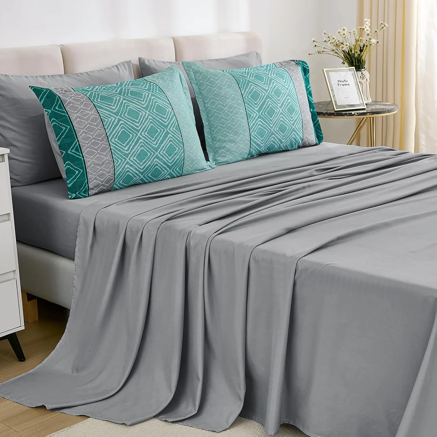 Dinjoy Teal Queen Comforter Set Boho, Striped 7 Piece Bed in a Bag Queen Size Lightweight Green Bedding Sets Plaid Comforters Bed Set with Sheets for Family Summer
