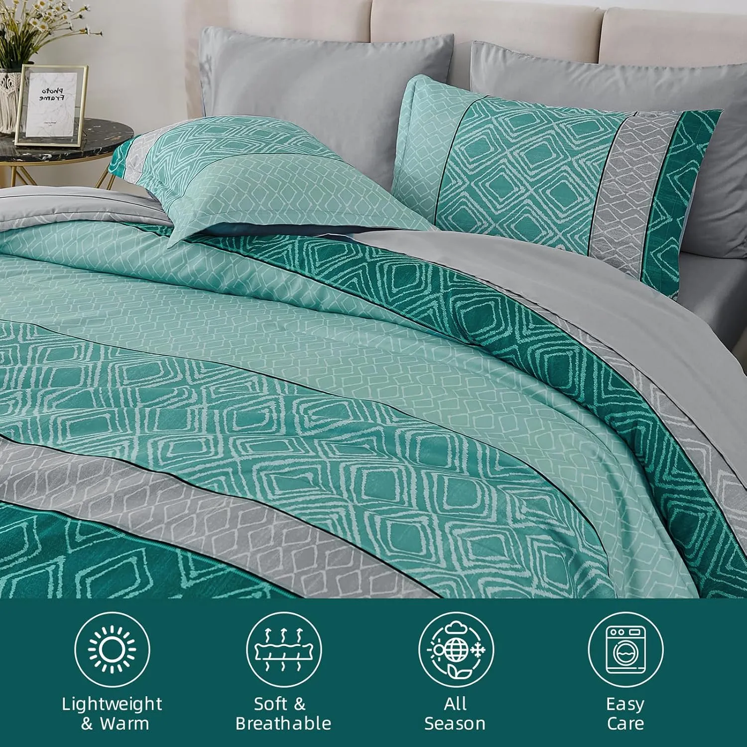 Dinjoy Teal Queen Comforter Set Boho, Striped 7 Piece Bed in a Bag Queen Size Lightweight Green Bedding Sets Plaid Comforters Bed Set with Sheets for Family Summer