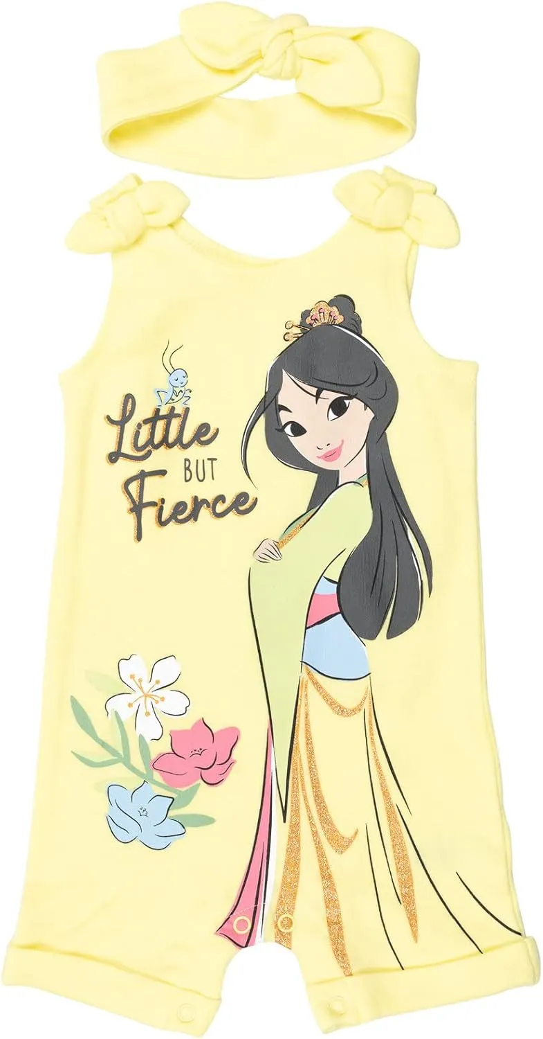 Disney Princess Rapunzel Ariel Belle Jasmine Aurora Baby Girls Snap Romper and Headband Newborn to Toddler