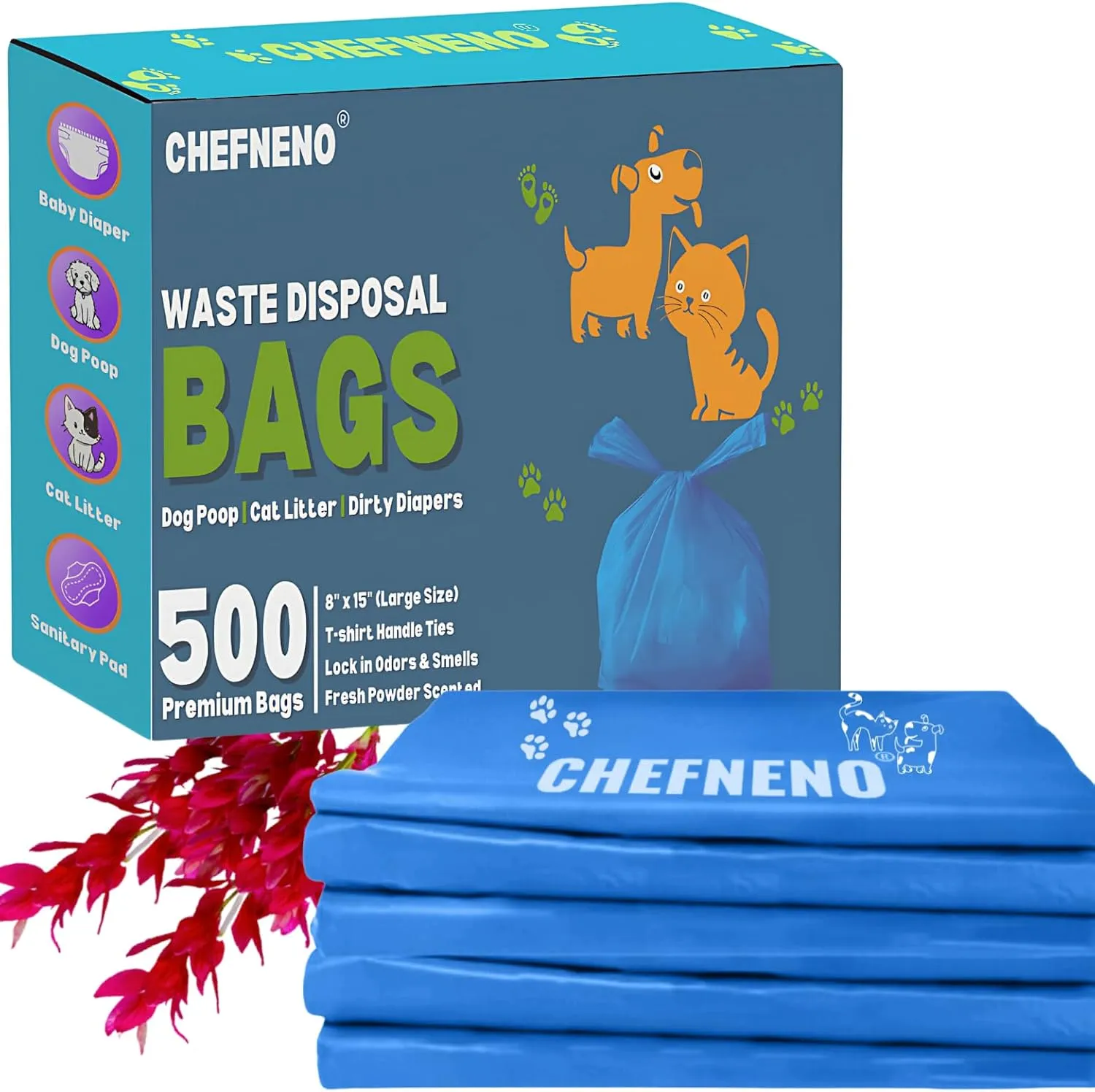 Disposable Dog Poop Waste Bags Cat Litter Clump & Poop Bags with Easy-tie Handles (500 count) Made w/EPI TDPA(Totally Degradable Plastic Additive) Fresh Powder Scented Bulk Poop Bags (Blue, 500 ct.)