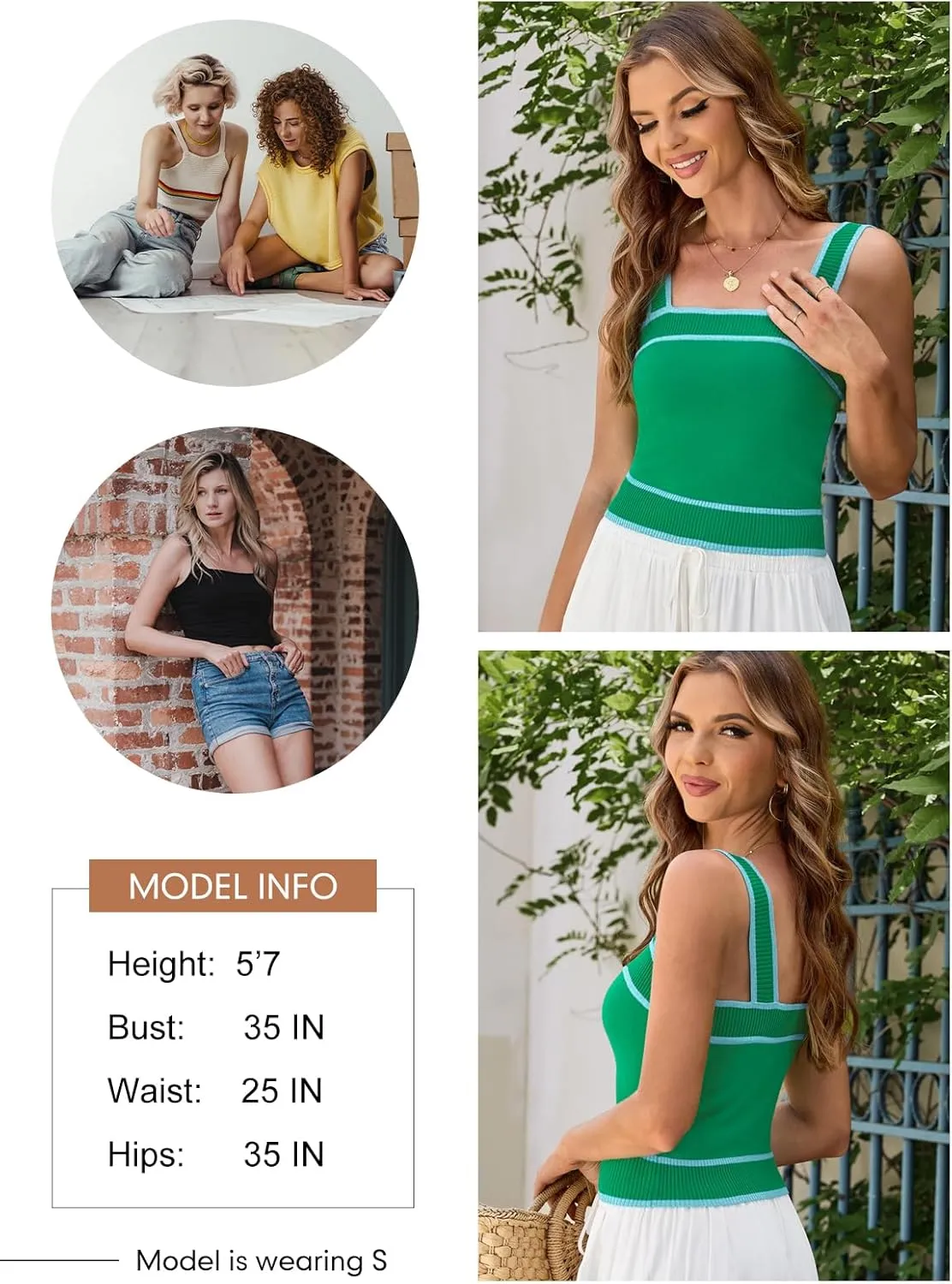 Dokotoo Women's Square Neck Knit Crop Tank Tops 2025 Slim Fit Y2K Color Block Sleeveless Cami Shirts