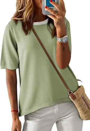 Dokotoo Womens Tops Casual Summer Crewneck Short Sleeve Striped Color Block Knit High Low Trendy Pullover Sweaters