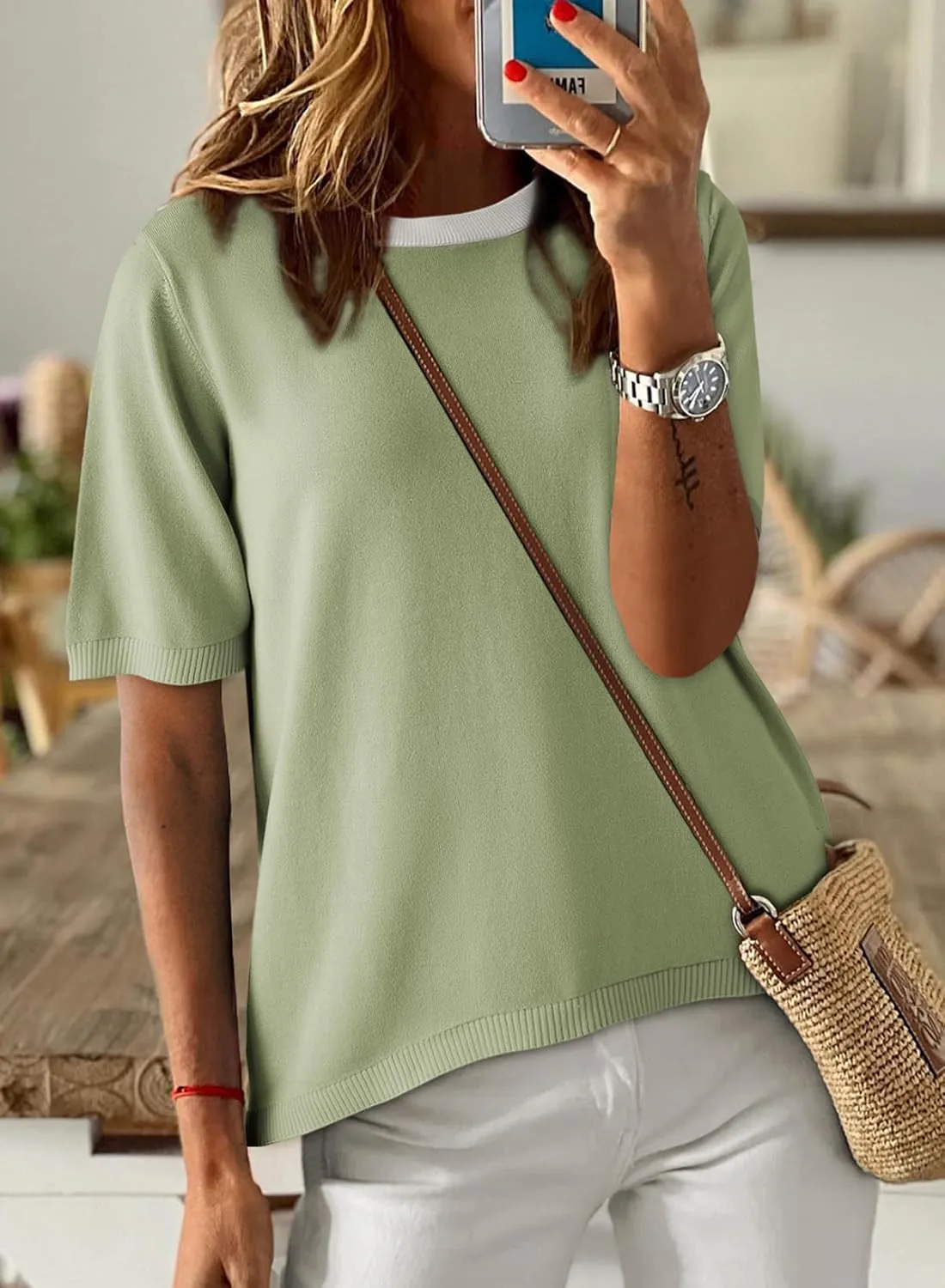 Dokotoo Womens Tops Casual Summer Crewneck Short Sleeve Striped Color Block Knit High Low Trendy Pullover Sweaters