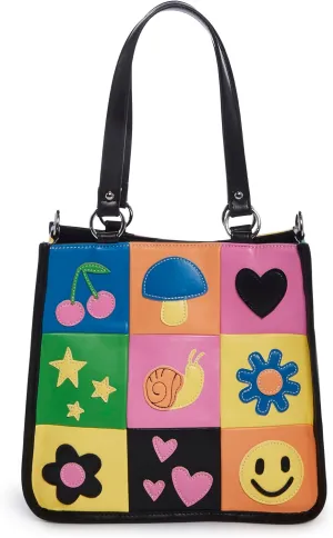 Dolls Kill Happy In My Mind Tote Bag – Vegan Leather Patchwork Handbag with Embroidered Appliques – One Size