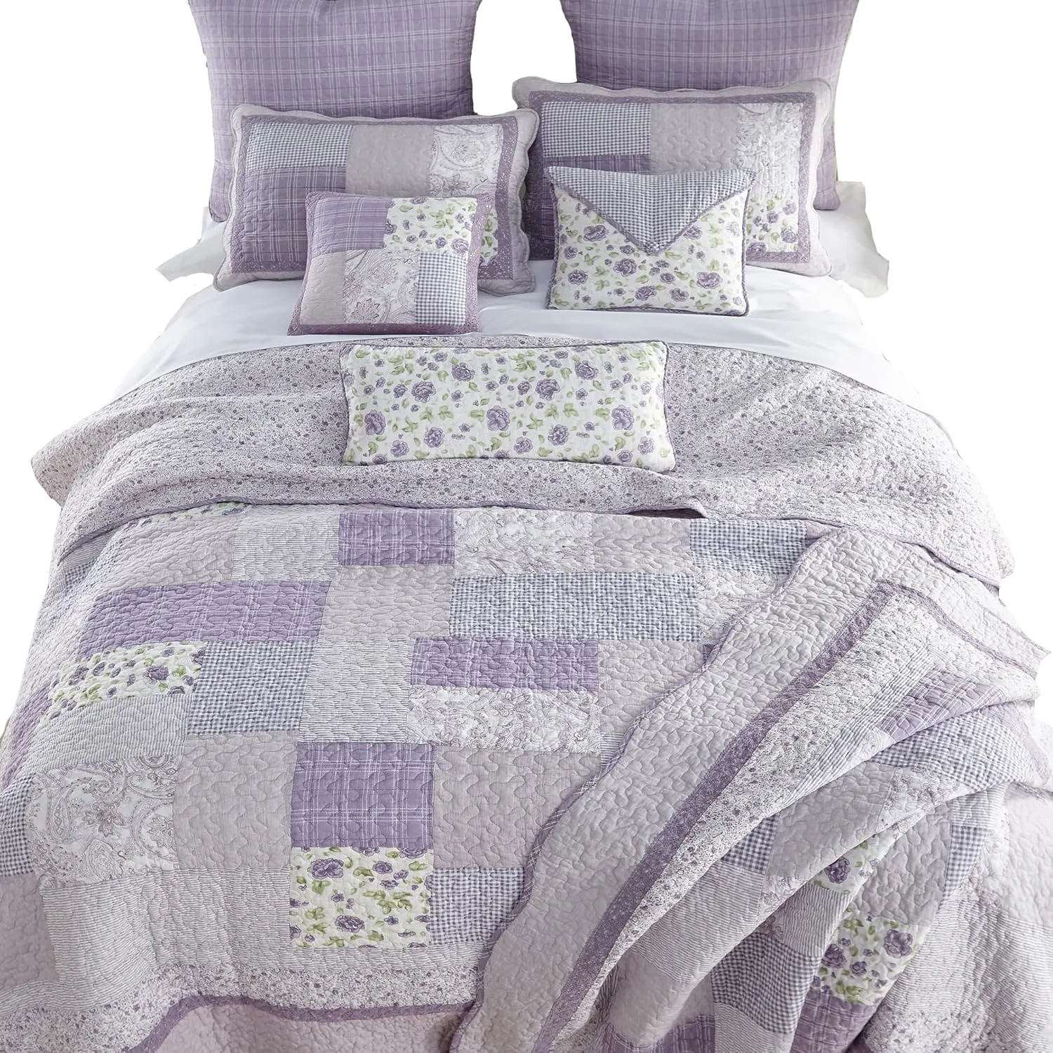 Donna Sharp Twin Quilt -Lavender Rose Cotton Contemporary Quilt with Patchwork Pattern- Machine Washable