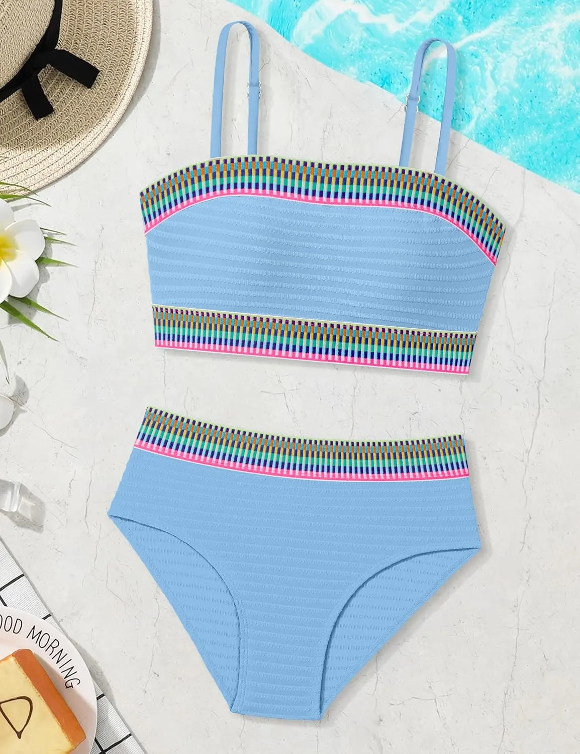 DONWEN Girls Colorblock Swimsuit Two Piece Bandeau Bikini Set Ribbed Woven Bathing Suits