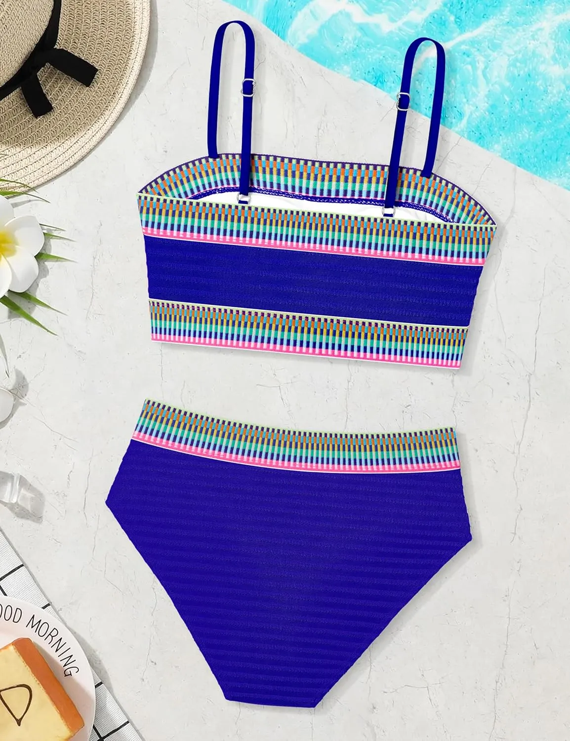 DONWEN Girls Colorblock Swimsuit Two Piece Bandeau Bikini Set Ribbed Woven Bathing Suits