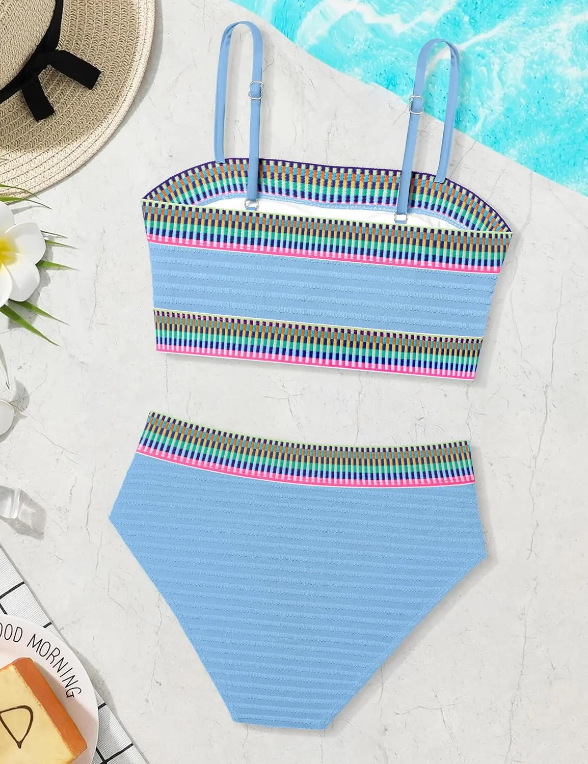 DONWEN Girls Colorblock Swimsuit Two Piece Bandeau Bikini Set Ribbed Woven Bathing Suits