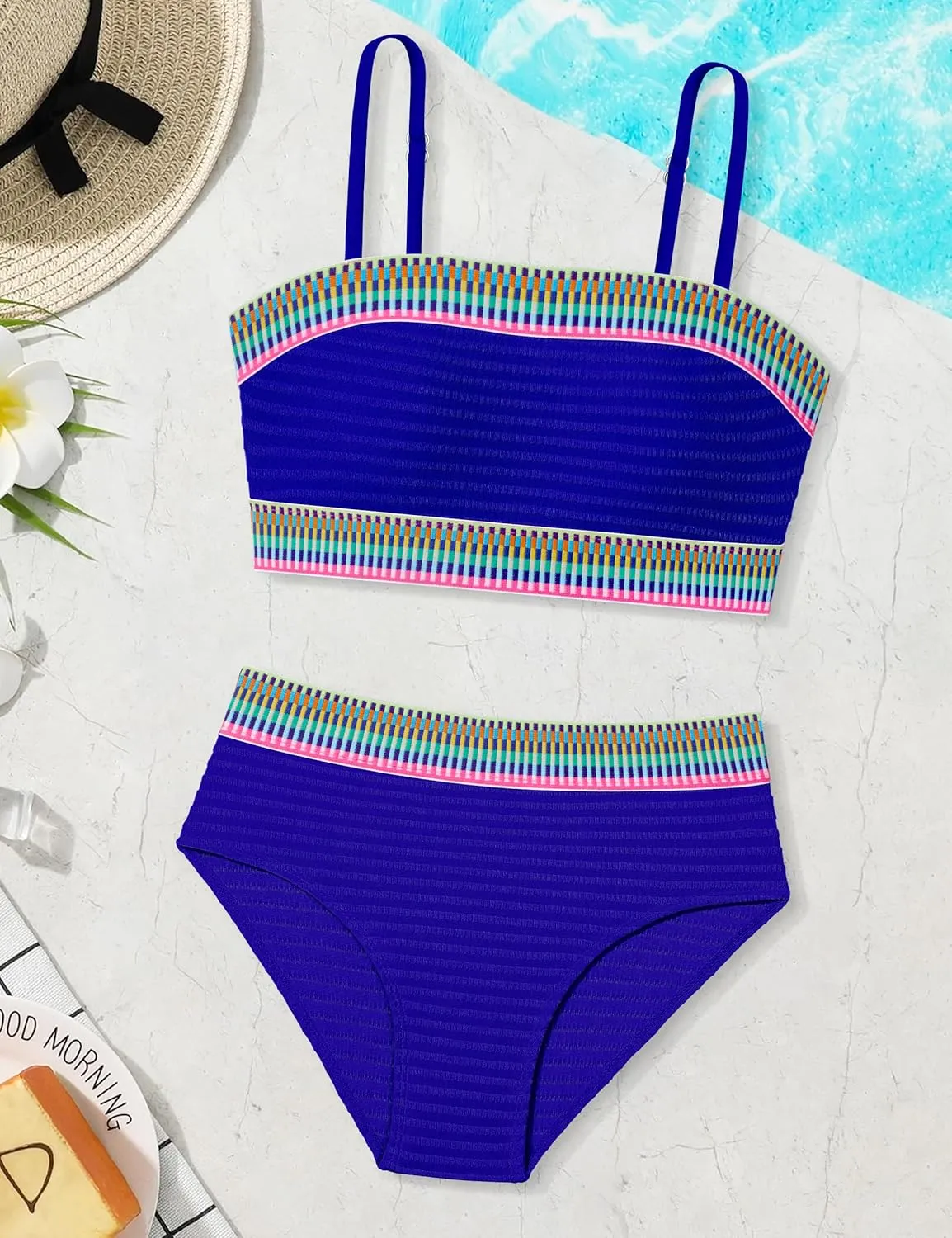 DONWEN Girls Colorblock Swimsuit Two Piece Bandeau Bikini Set Ribbed Woven Bathing Suits