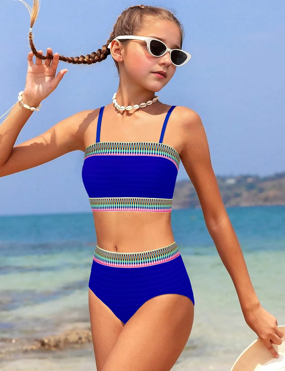 DONWEN Girls Colorblock Swimsuit Two Piece Bandeau Bikini Set Ribbed Woven Bathing Suits