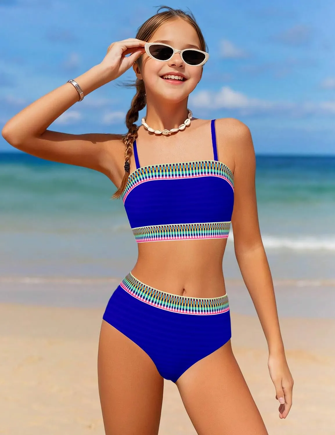 DONWEN Girls Colorblock Swimsuit Two Piece Bandeau Bikini Set Ribbed Woven Bathing Suits