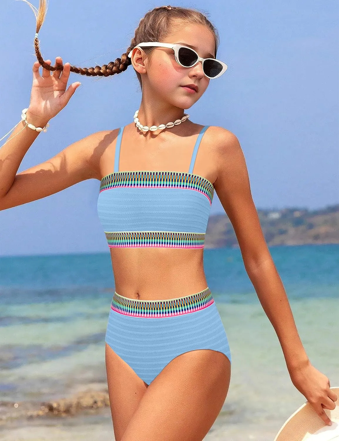 DONWEN Girls Colorblock Swimsuit Two Piece Bandeau Bikini Set Ribbed Woven Bathing Suits