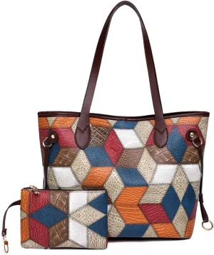 Downupdown Vintage Women Handbags and Purse Set Multicolor Patchwork Tote Bags Soft Leather Shoulder Bag Zipper Wallet 2 Pcs