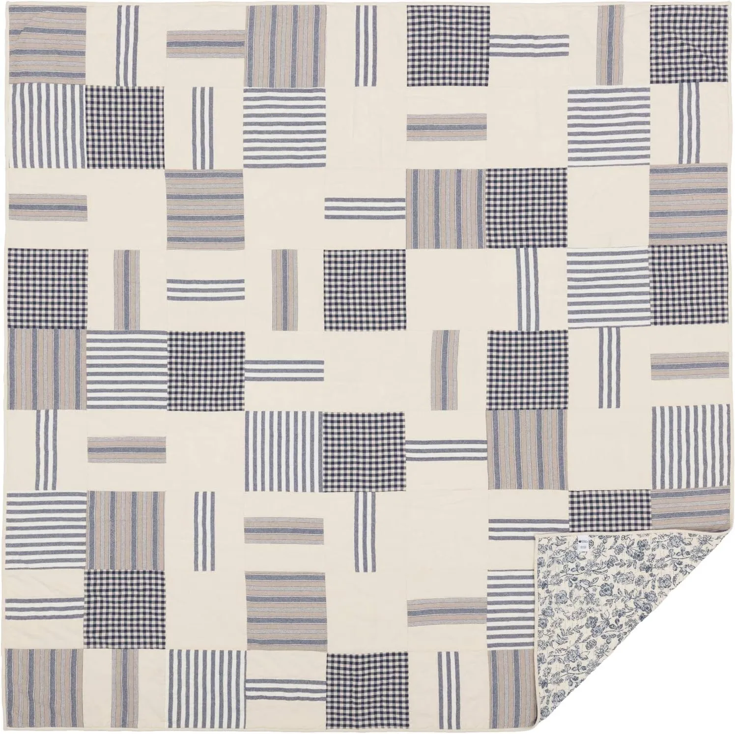 Doylestown Queen Patchwork and Floral Quilt, 100% Cotton Reversible Bed Quilt with Gingham Check, Grain Sack and Blue Ticking Stripes for Boho Chic and Rustic Farmhouse Bedroom Decor (90”x90”)