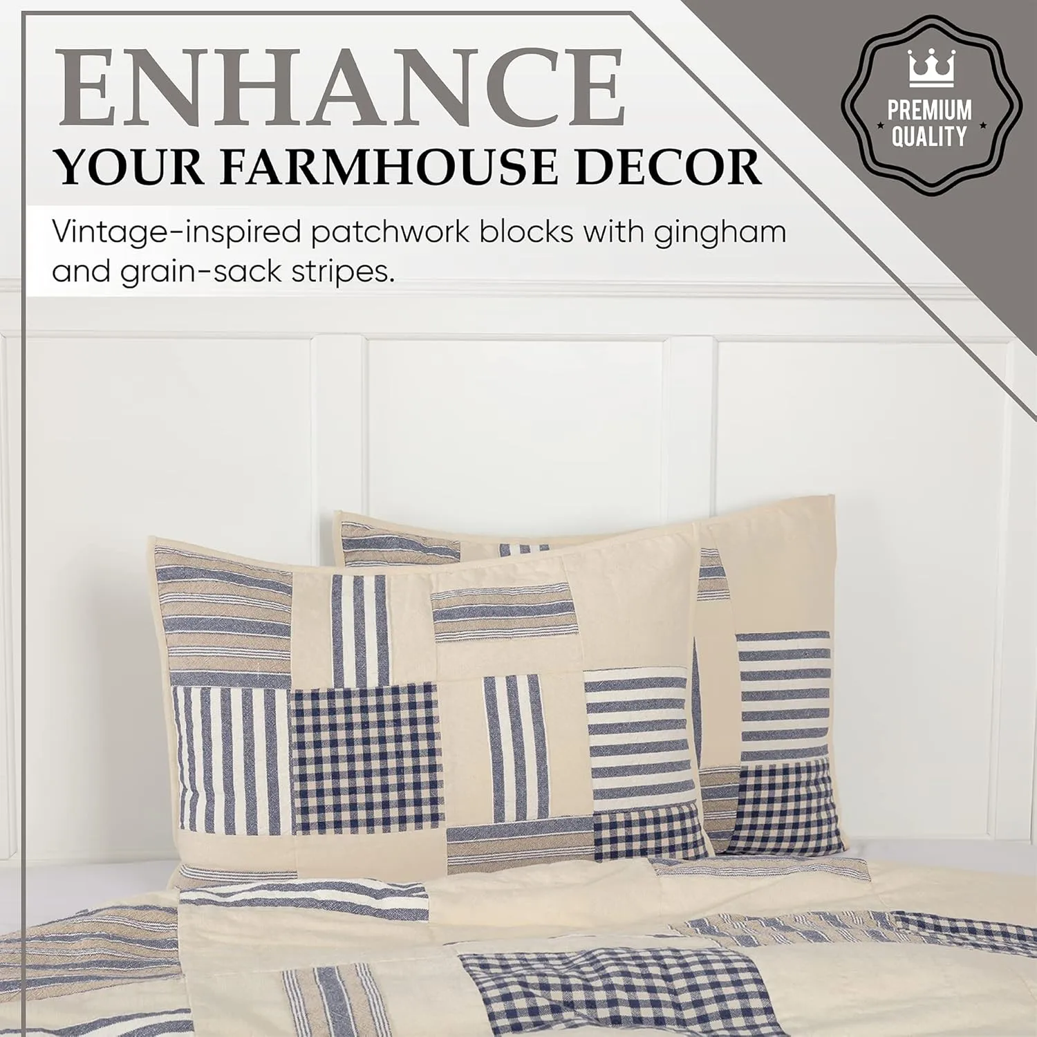 Doylestown Queen Patchwork and Floral Quilt, 100% Cotton Reversible Bed Quilt with Gingham Check, Grain Sack and Blue Ticking Stripes for Boho Chic and Rustic Farmhouse Bedroom Decor (90”x90”)