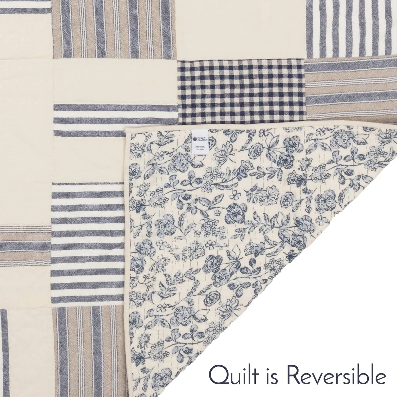 Doylestown Queen Patchwork and Floral Quilt, 100% Cotton Reversible Bed Quilt with Gingham Check, Grain Sack and Blue Ticking Stripes for Boho Chic and Rustic Farmhouse Bedroom Decor (90”x90”)