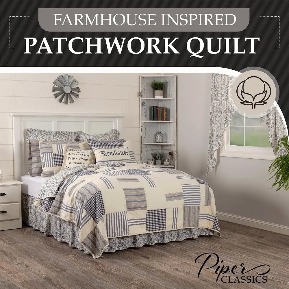 Doylestown Queen Patchwork and Floral Quilt, 100% Cotton Reversible Bed Quilt with Gingham Check, Grain Sack and Blue Ticking Stripes for Boho Chic and Rustic Farmhouse Bedroom Decor (90”x90”)