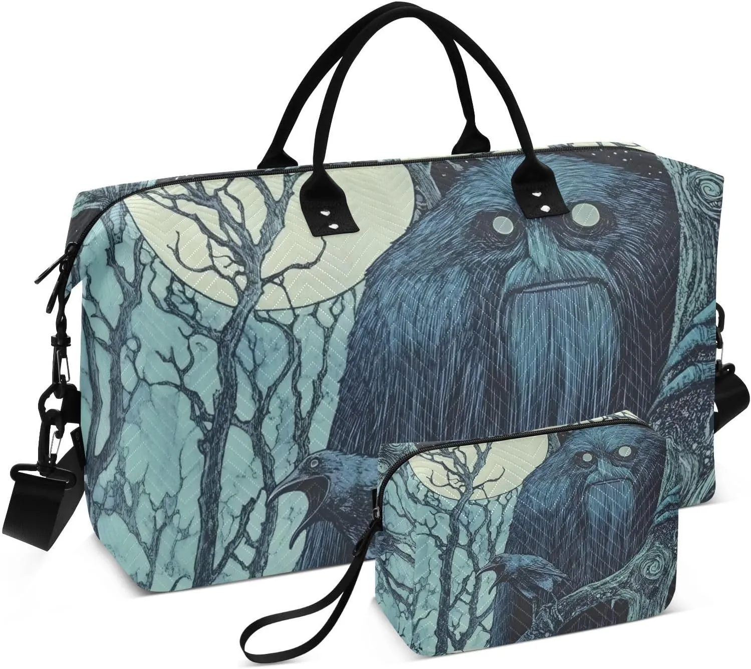 Duffel Bag Set for Travel Gym Sport, Weekender Bag Carry on Overnight Bags for Women Men-Crow Mysterious Man Print