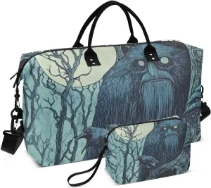 Duffel Bag Set for Travel Gym Sport, Weekender Bag Carry on Overnight Bags for Women Men-Crow Mysterious Man Print