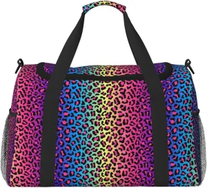 Duffle Bag for Travel, Leopard Neon Rainbow Gradient Weekender Overnight Duffel Bag, Carry On Bag Gym Bag for Women Men, Personal Item Travel Bag
