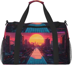 Duffle Bag for Travel, Neon Sunset Cyberpunk Cityscape Weekender Overnight Duffel Bag, Carry On Bag Gym Bag for Women Men, Personal Item Travel Bag