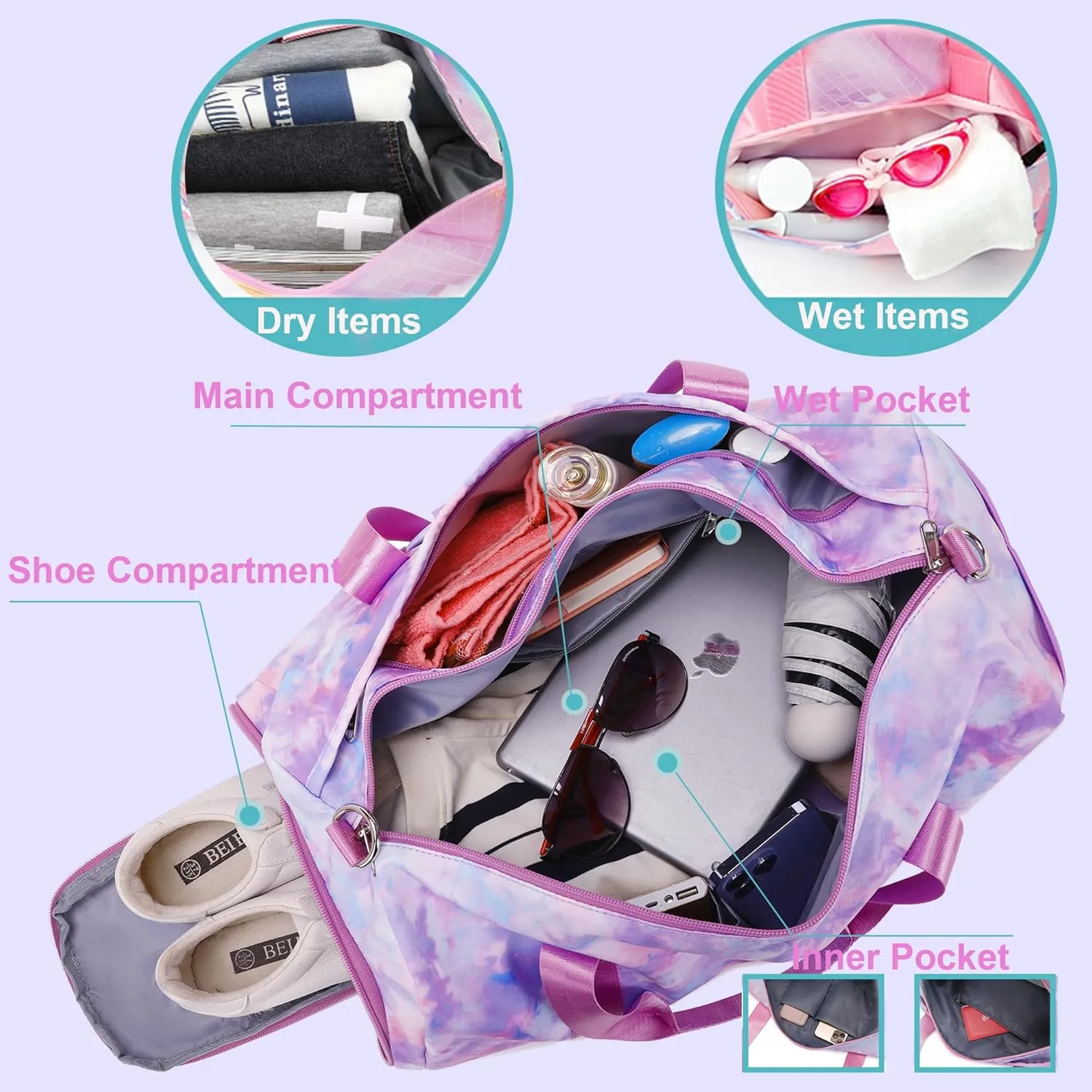 Duffle Dance Bag for Girls - Ballet, Gymnastics & Sports - Sleepover & Overnight Bag with Shoe Compartment,Tie Dye Purple