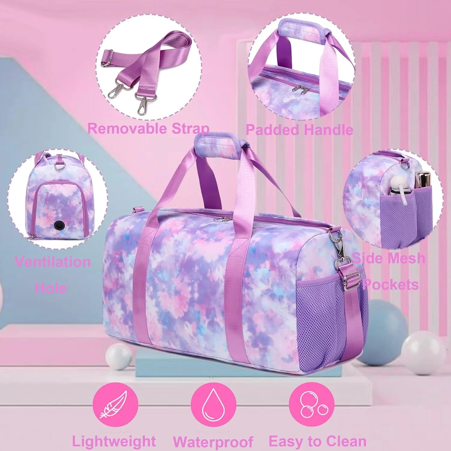 Duffle Dance Bag for Girls - Ballet, Gymnastics & Sports - Sleepover & Overnight Bag with Shoe Compartment,Tie Dye Purple