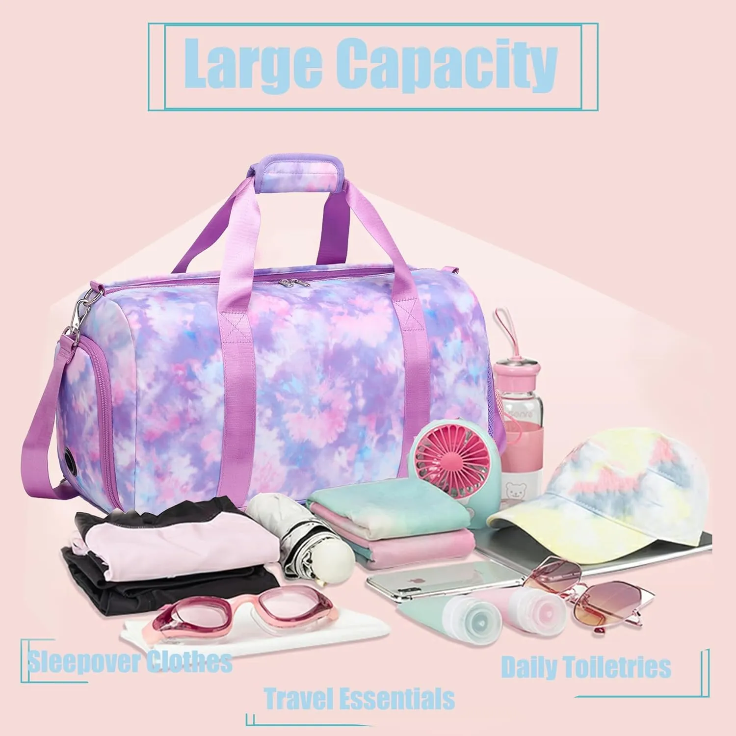 Duffle Dance Bag for Girls - Ballet, Gymnastics & Sports - Sleepover & Overnight Bag with Shoe Compartment,Tie Dye Purple