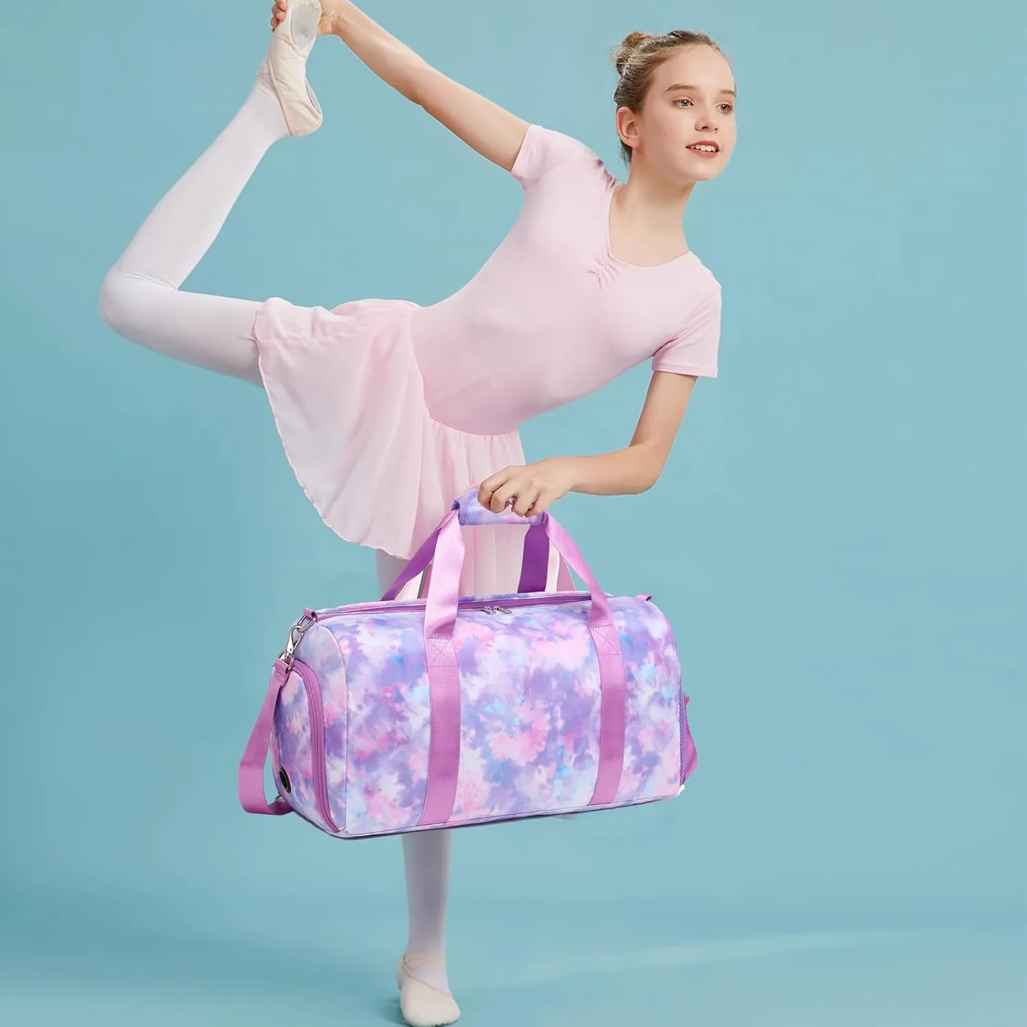 Duffle Dance Bag for Girls - Ballet, Gymnastics & Sports - Sleepover & Overnight Bag with Shoe Compartment,Tie Dye Purple