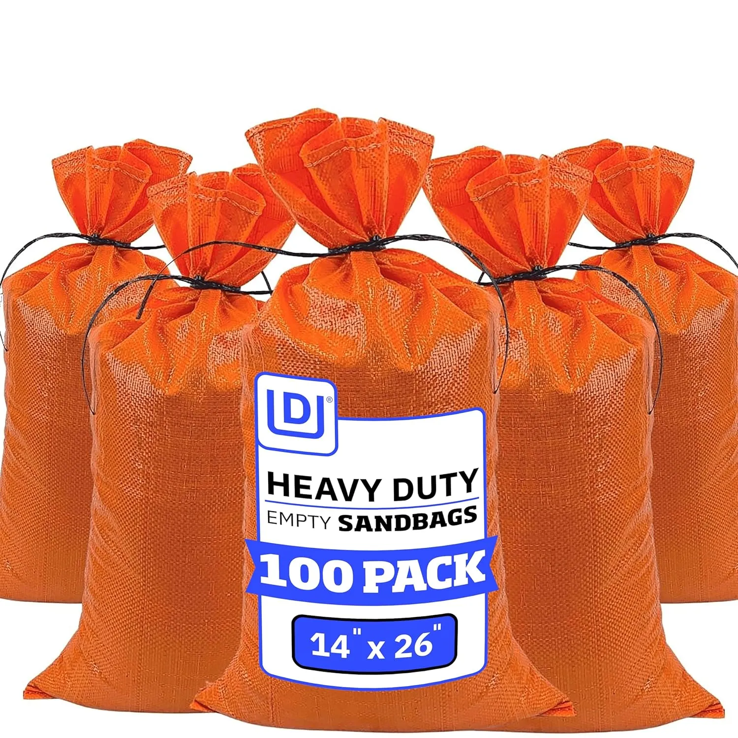 DURASACK Heavy Duty Sand Bags with Tie Strings Empty Woven Polypropylene Sandbags for Flood Control with 1600 Hours of UV Protection, 50 lbs Capacity, 14x26 inches, Orange, Pack of 100