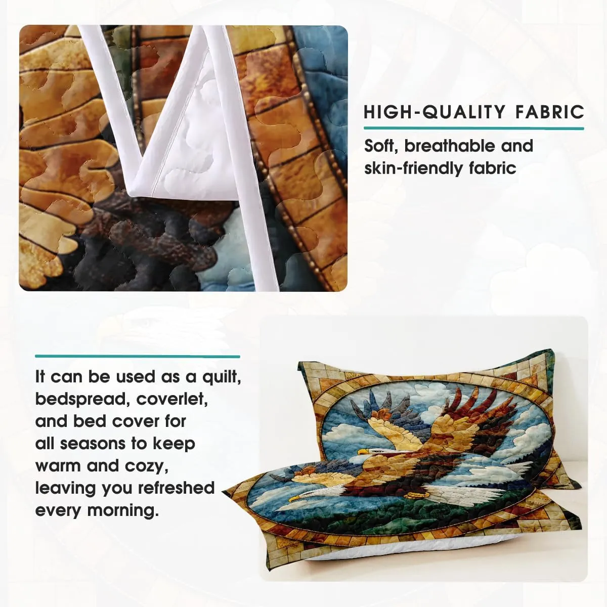Eagle Patchwork Pattern Quilt Set, Animal Patchwork Eagle Quilt Set Throw Twin Size - Premium Pattern Quilt - Eagles Bedding Bedspread, Bedding Quilts