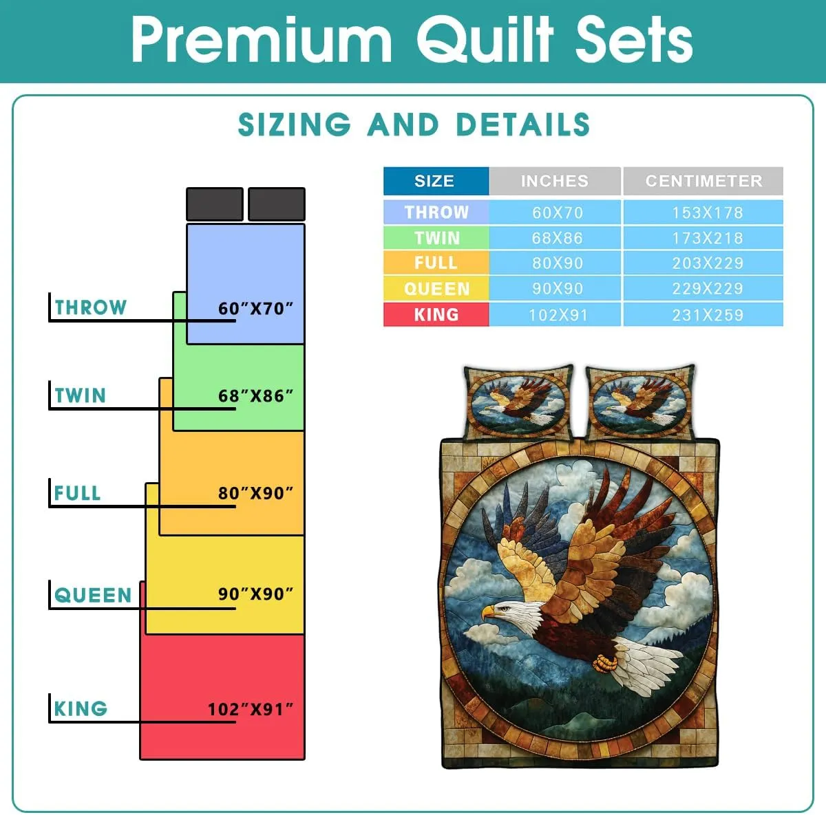 Eagle Patchwork Pattern Quilt Set, Animal Patchwork Eagle Quilt Set Throw Twin Size - Premium Pattern Quilt - Eagles Bedding Bedspread, Bedding Quilts