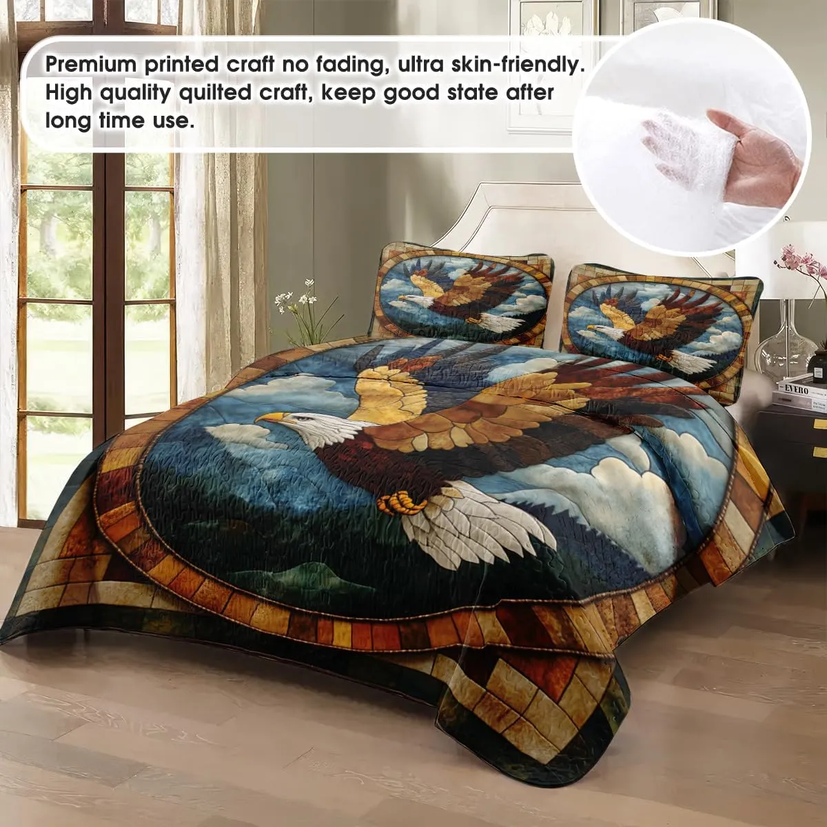 Eagle Patchwork Pattern Quilt Set, Animal Patchwork Eagle Quilt Set Throw Twin Size - Premium Pattern Quilt - Eagles Bedding Bedspread, Bedding Quilts