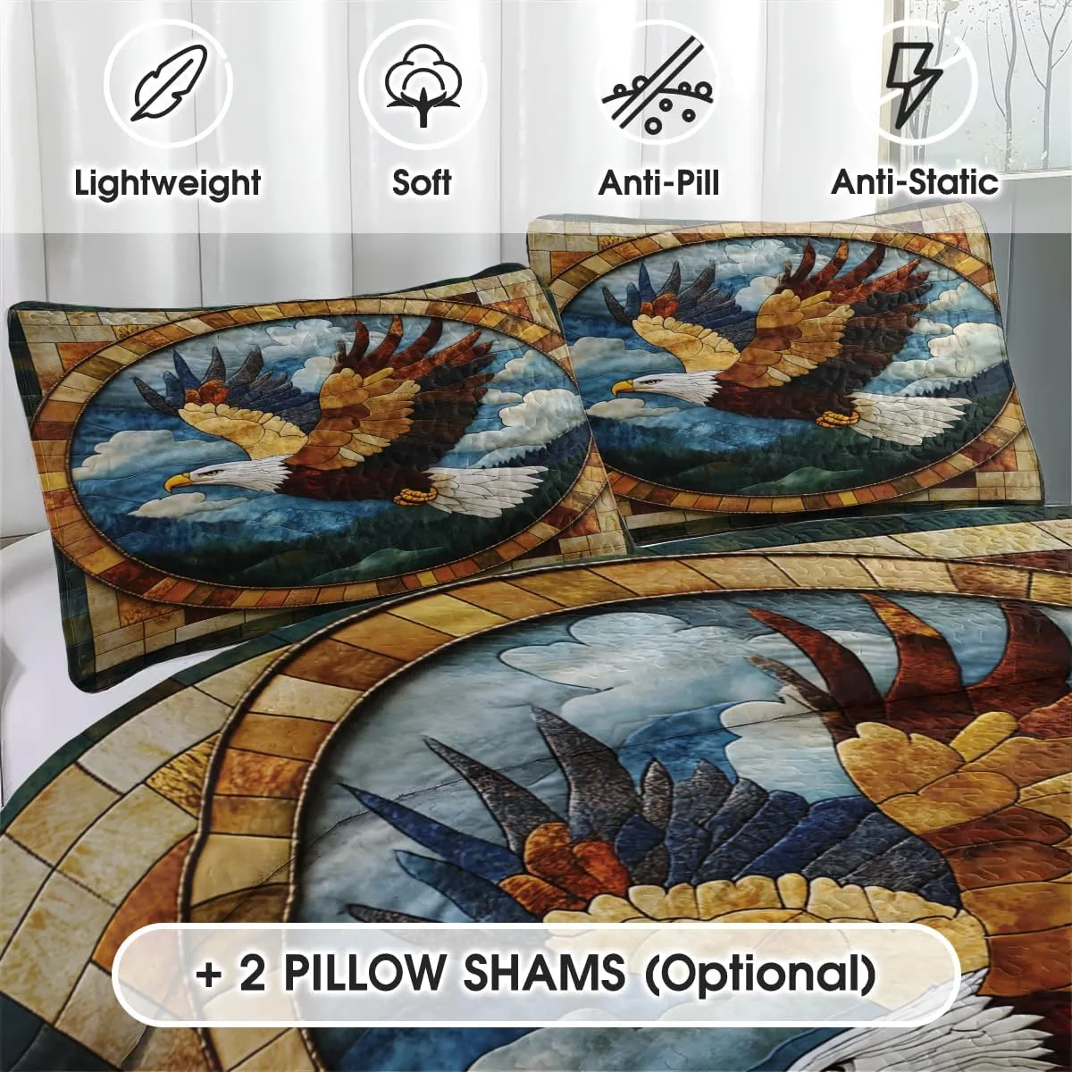 Eagle Patchwork Pattern Quilt Set, Animal Patchwork Eagle Quilt Set Throw Twin Size - Premium Pattern Quilt - Eagles Bedding Bedspread, Bedding Quilts