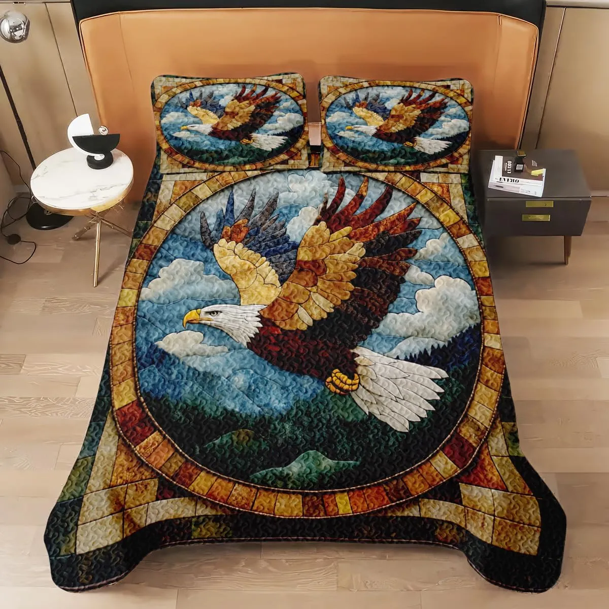 Eagle Patchwork Pattern Quilt Set, Animal Patchwork Eagle Quilt Set Throw Twin Size - Premium Pattern Quilt - Eagles Bedding Bedspread, Bedding Quilts