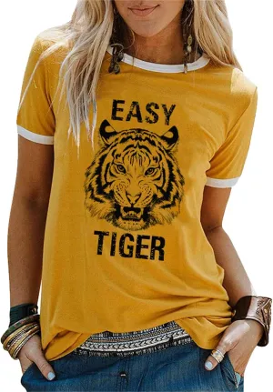 Easy Tiger Womens Shirts Animal Tiger Graphic Tees Tops Patchwork White Short Sleeve Country Music T-Shirt