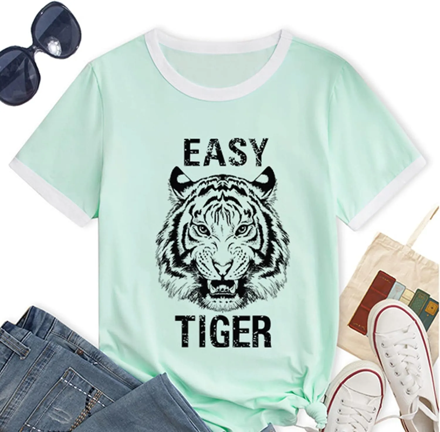 Easy Tiger Womens Shirts Animal Tiger Graphic Tees Tops Patchwork White Short Sleeve Country Music T-Shirt