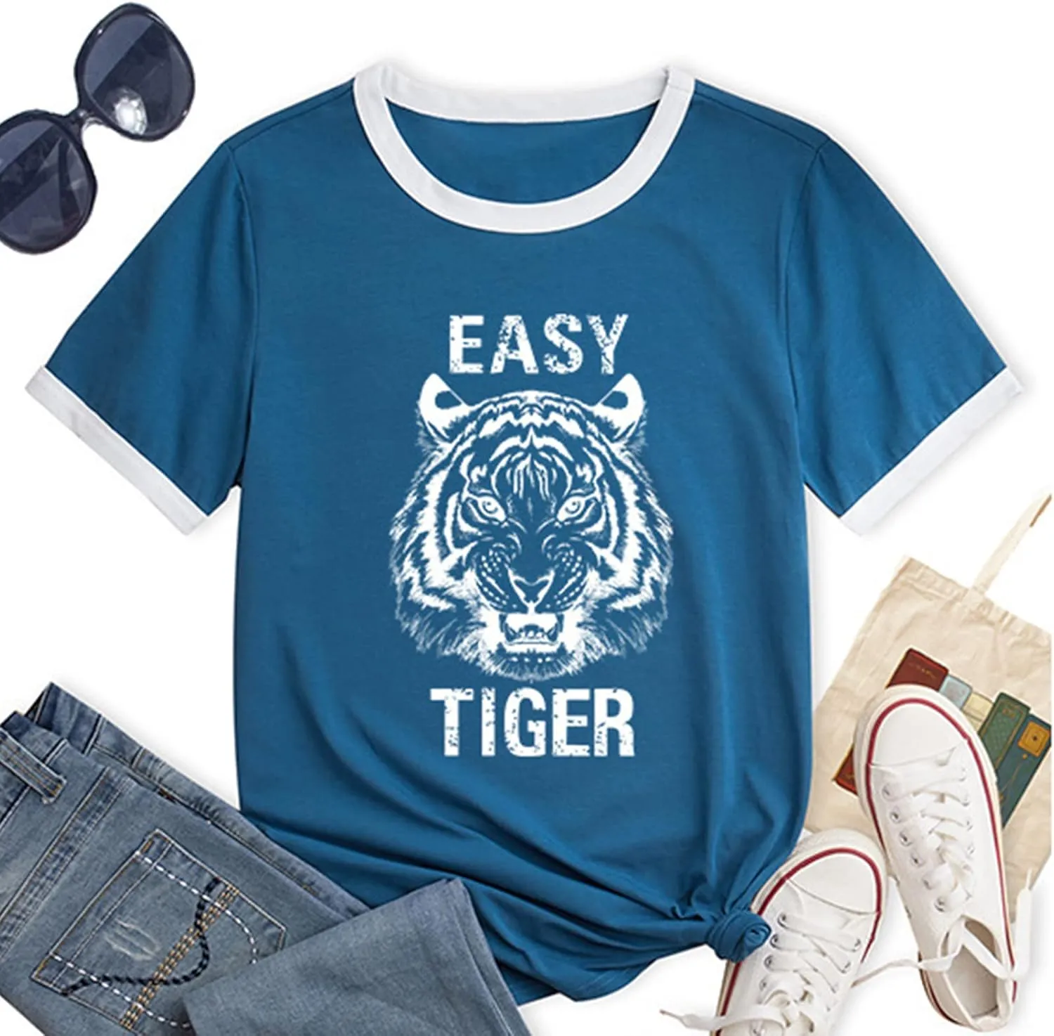 Easy Tiger Womens Shirts Animal Tiger Graphic Tees Tops Patchwork White Short Sleeve Country Music T-Shirt
