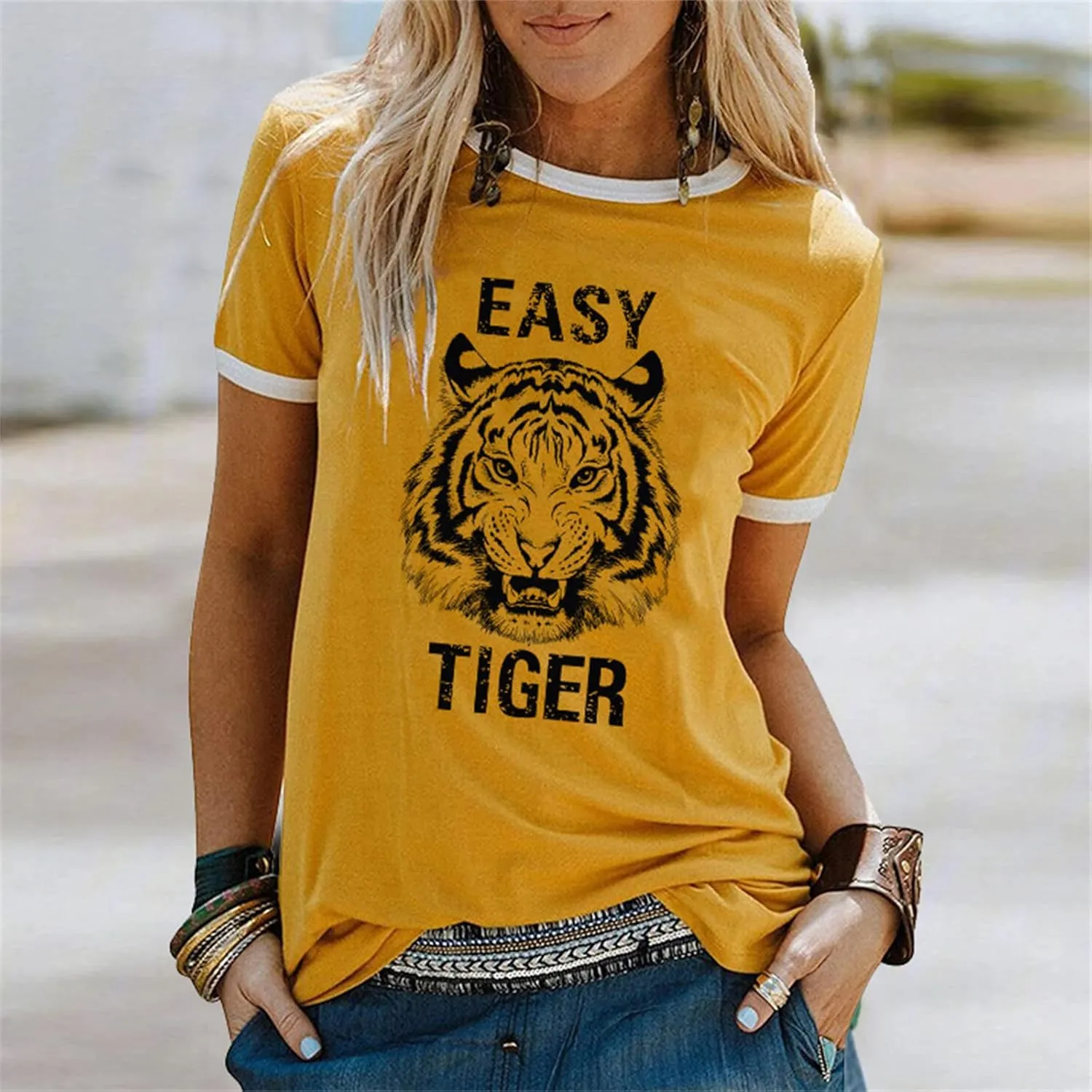 Easy Tiger Womens Shirts Animal Tiger Graphic Tees Tops Patchwork White Short Sleeve Country Music T-Shirt