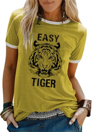 Easy Tiger Womens Shirts Animal Tiger Graphic Tees Tops Patchwork White Short Sleeve Country Music T-Shirt