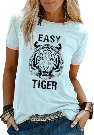 Easy Tiger Womens Shirts Animal Tiger Graphic Tees Tops Patchwork White Short Sleeve Country Music T-Shirt
